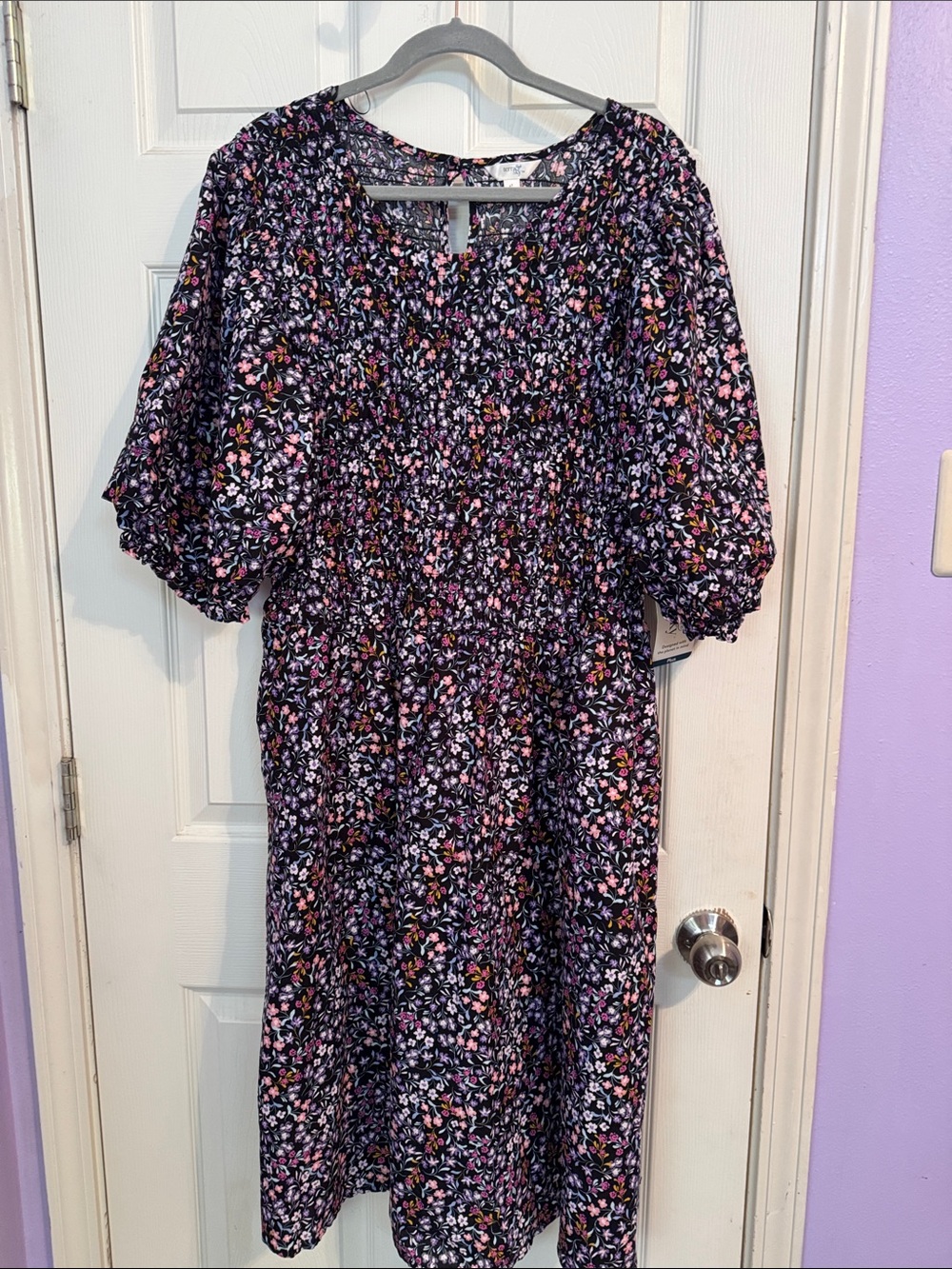 Terra & Sky Black Floral Puff-Sleeve Midi Dress